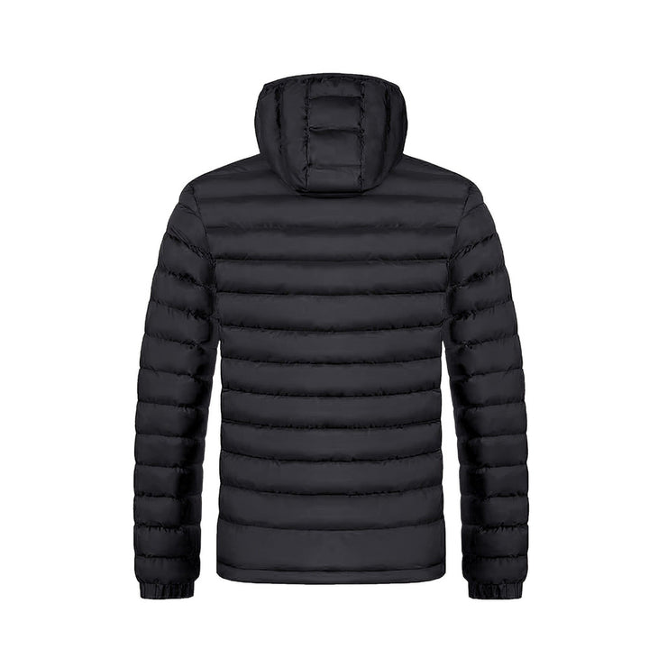 Men's hooded quilted puffer jacket in black, back view