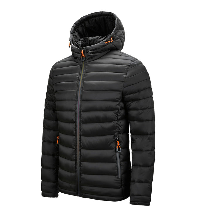 Men's hooded quilted puffer jacket in black, front view