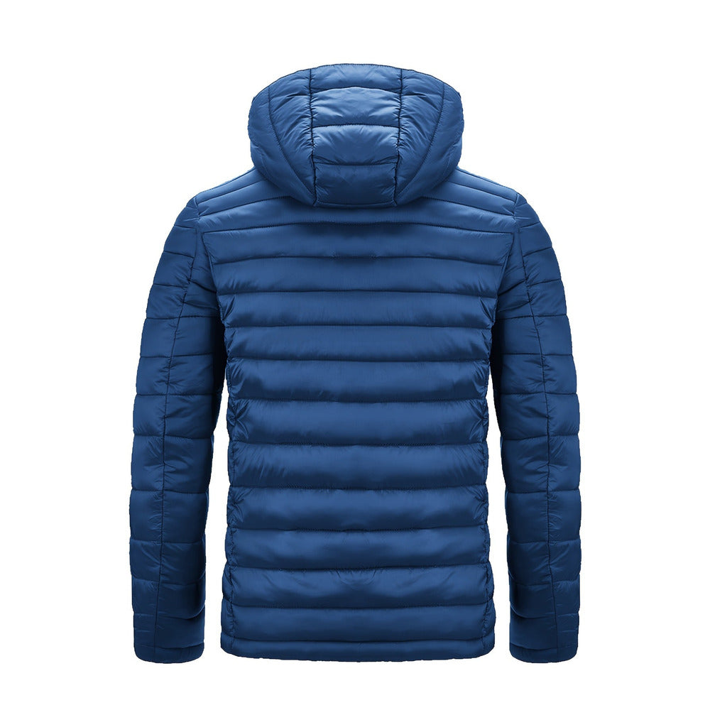 Men's hooded quilted puffer jacket in blue, back view