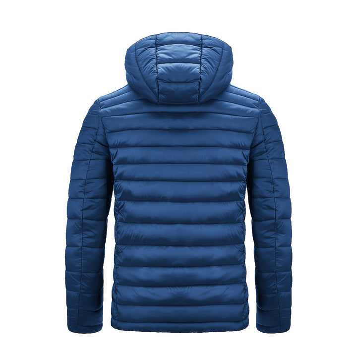 Men's hooded quilted puffer jacket in blue, back view