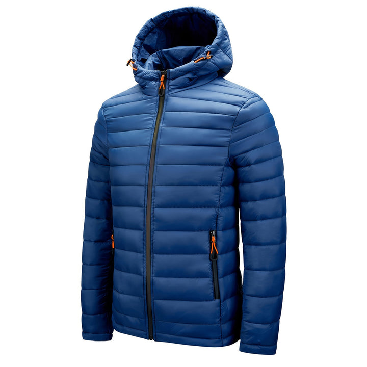 Men's hooded quilted puffer jacket in blue, front view