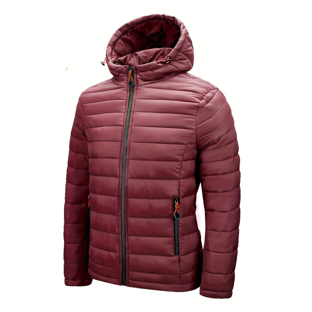 Men's hooded quilted puffer jacket in dark red, front view
