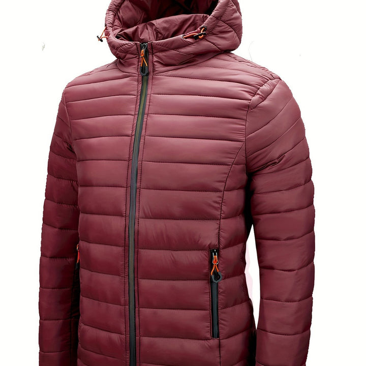 Men's hooded quilted puffer jacket in dark red