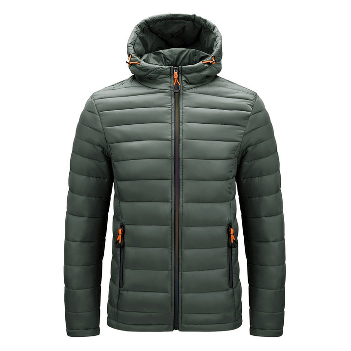 Men's hooded quilted puffer jacket in fern green, alternative front view
