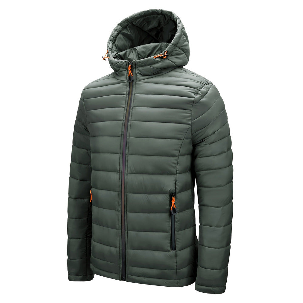 Men's hooded quilted puffer jacket in fern green, front view