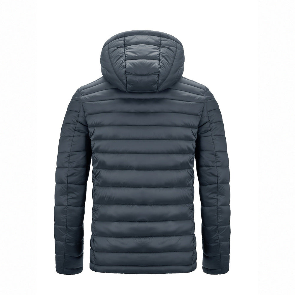 Men's hooded quilted puffer jacket in grey, back view