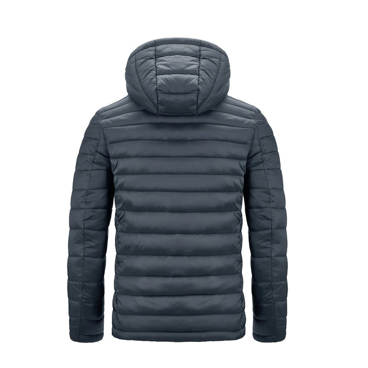 Men's hooded quilted puffer jacket in grey, back view
