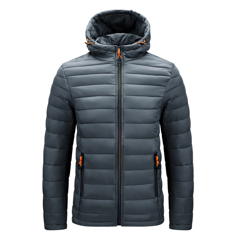 Men's hooded quilted puffer jacket in grey, front view