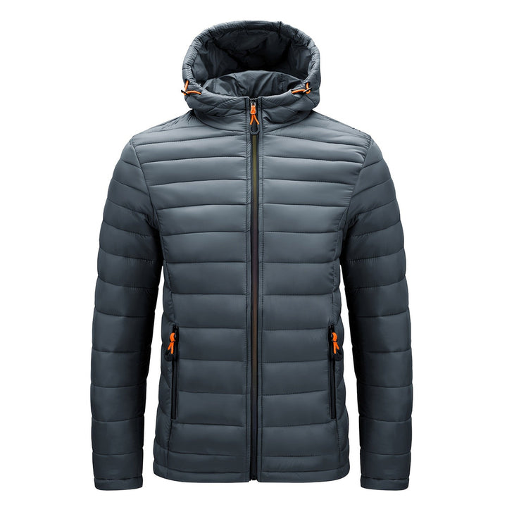 Men's hooded quilted puffer jacket in grey, front view