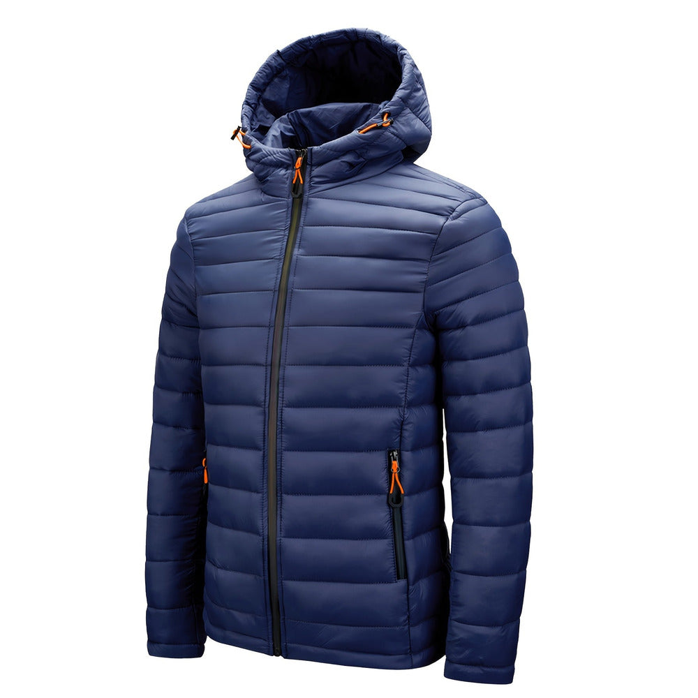 Men's hooded quilted puffer jacket in navy, front view
