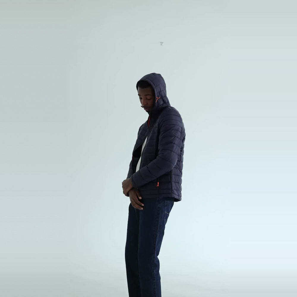 Men's hooded quilted puffer jacket, worn by a model, side view
