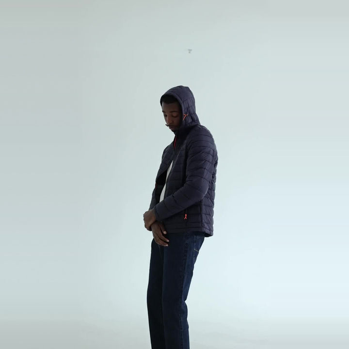 Men's hooded quilted puffer jacket, worn by a model, side view