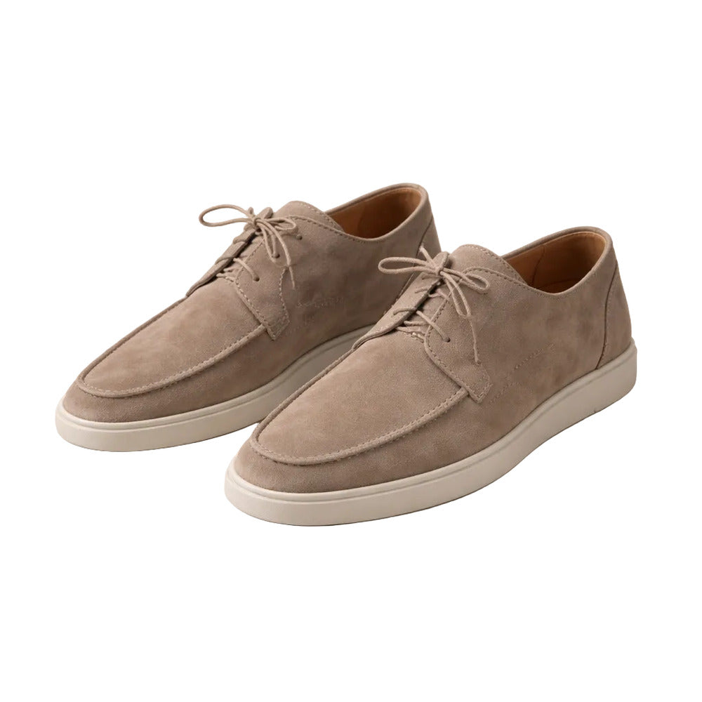 Men's lace-up moc-toe shoes in taupe, studio shot on a white background