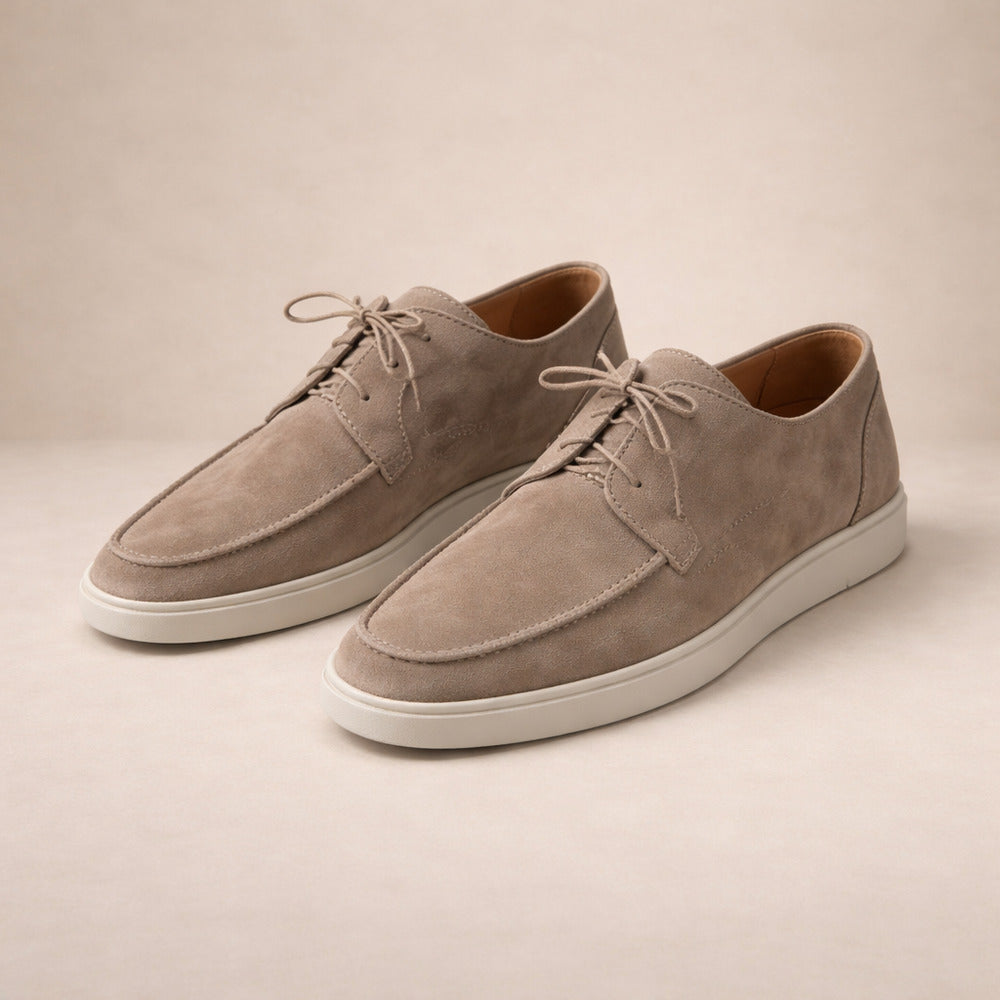 Men's lace-up moc-toe shoes in taupe, pair shown at an angle