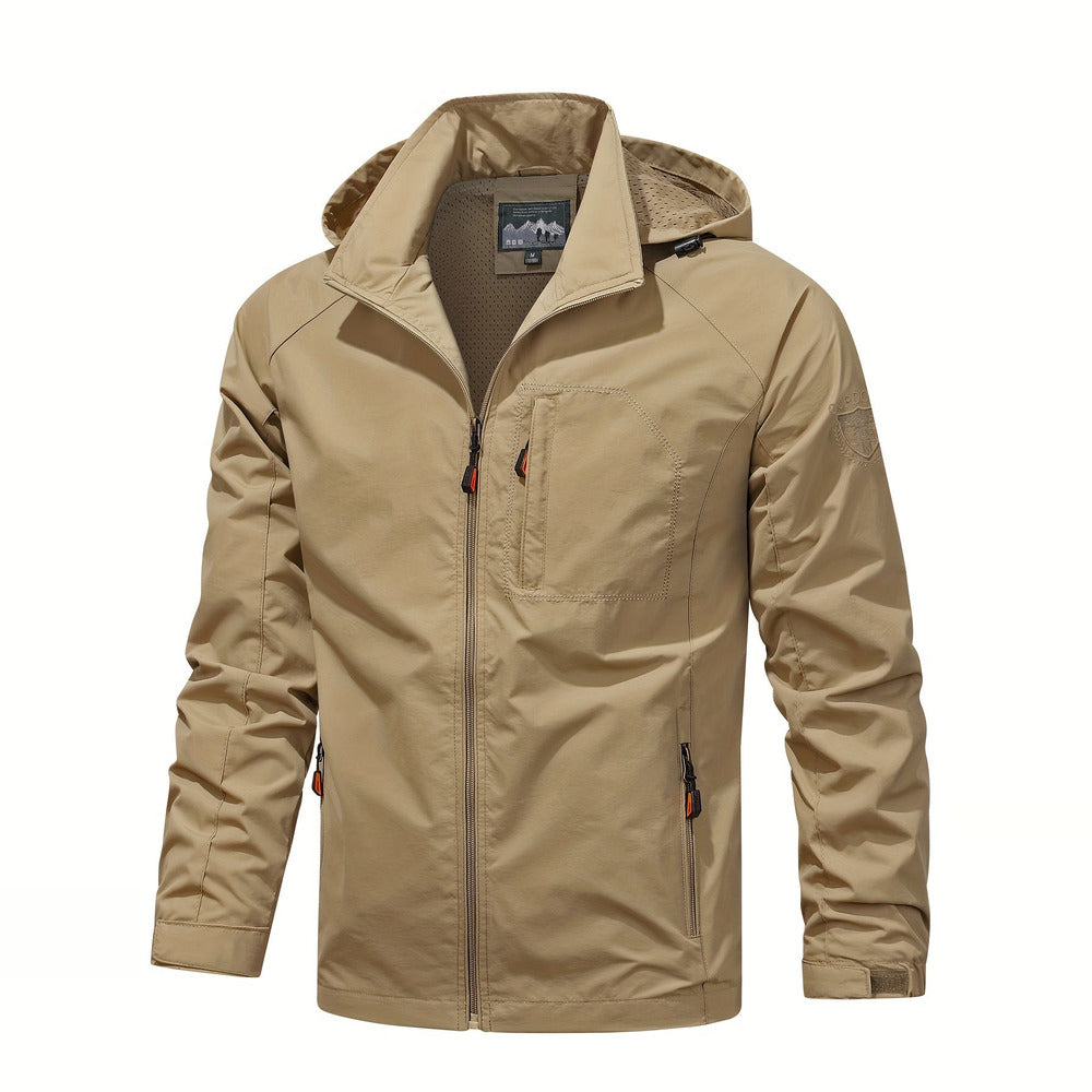 Men's lightweight hooded windbreaker in khaki, front view