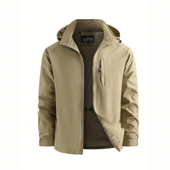 Men's lightweight hooded windbreaker in khaki, shown open