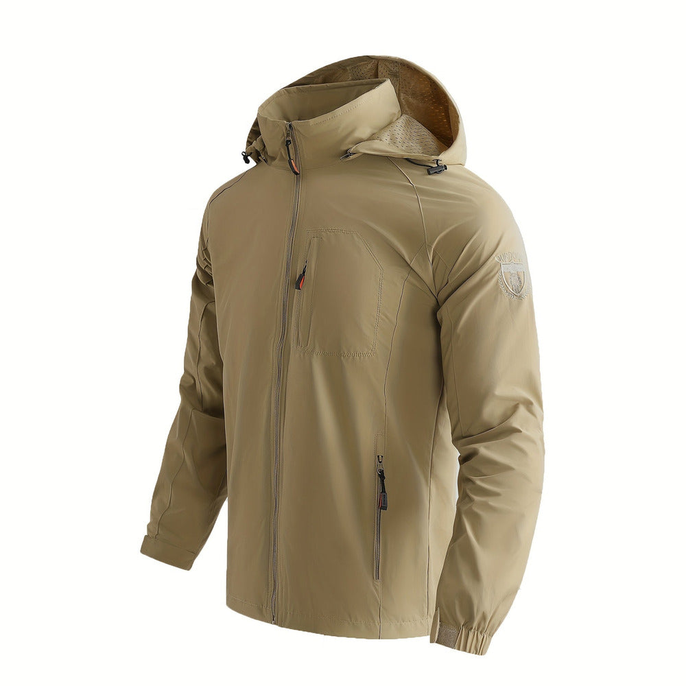 Men's lightweight hooded windbreaker in khaki, side view
