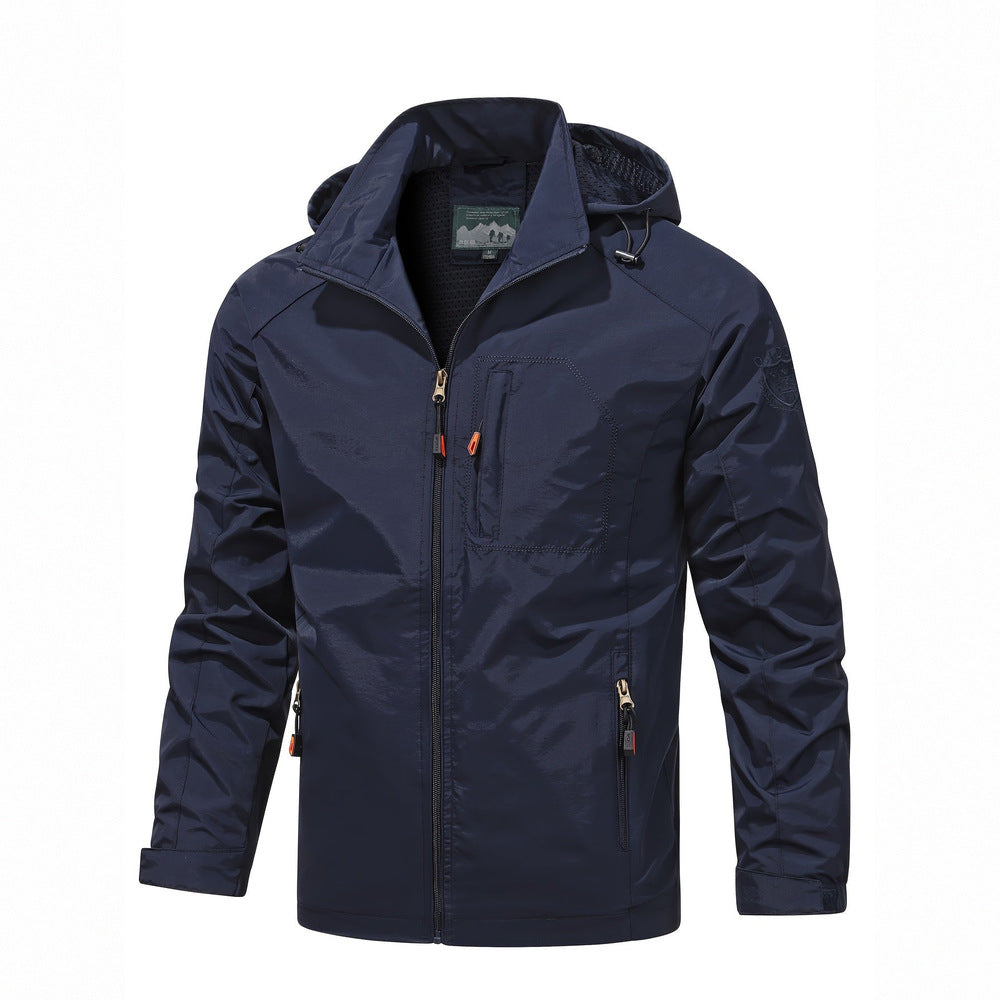 Men's lightweight hooded windbreaker in navy, front view