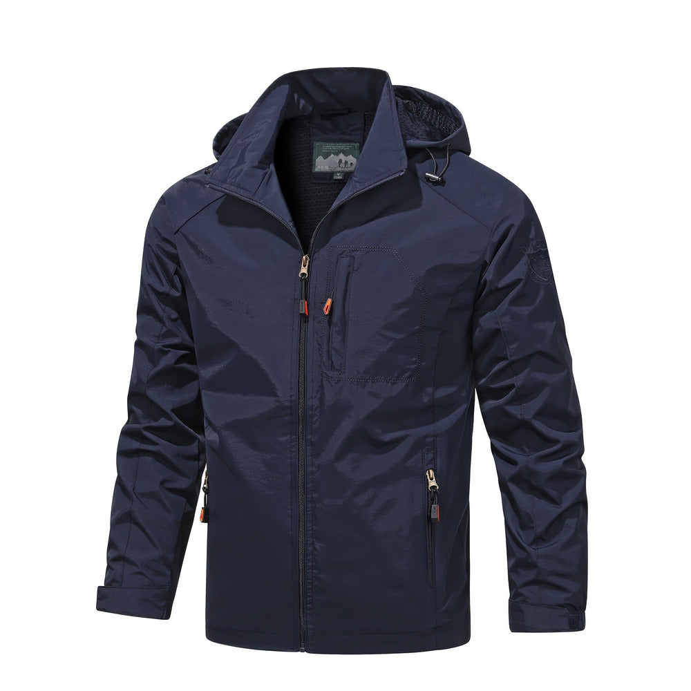 Men's lightweight hooded windbreaker in navy, front view