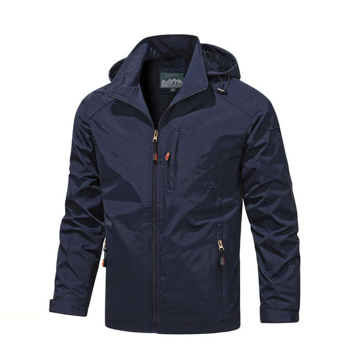 Men's lightweight hooded windbreaker in navy, front view