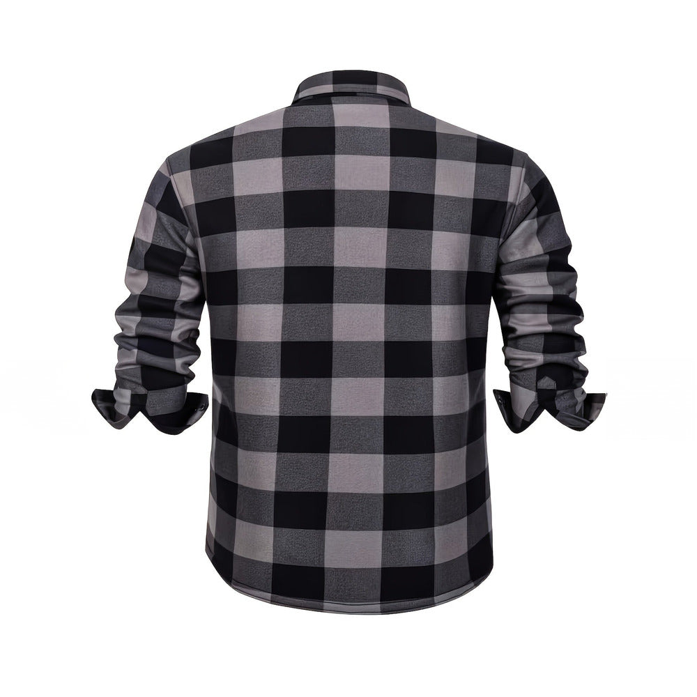 Men's plush-lined check shirt jacket in dark grey, back view