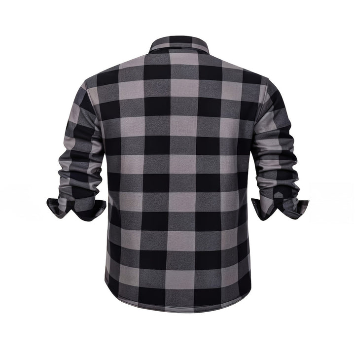 Men's plush-lined check shirt jacket in dark grey, back view