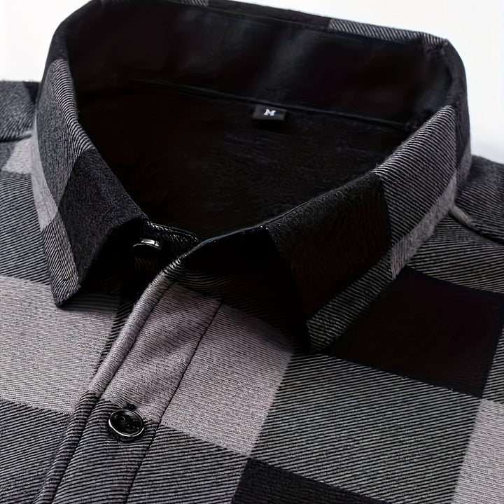 Men's plush-lined check shirt jacket in dark grey, collar detail
