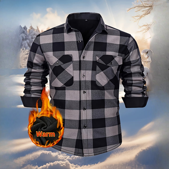 Men's plush-lined check shirt jacket in dark grey, front view