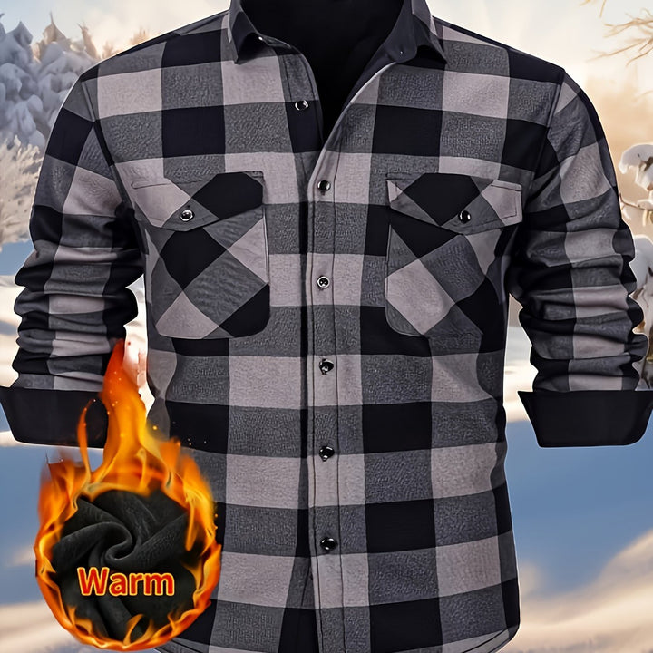 Men's plush-lined check shirt jacket in dark grey