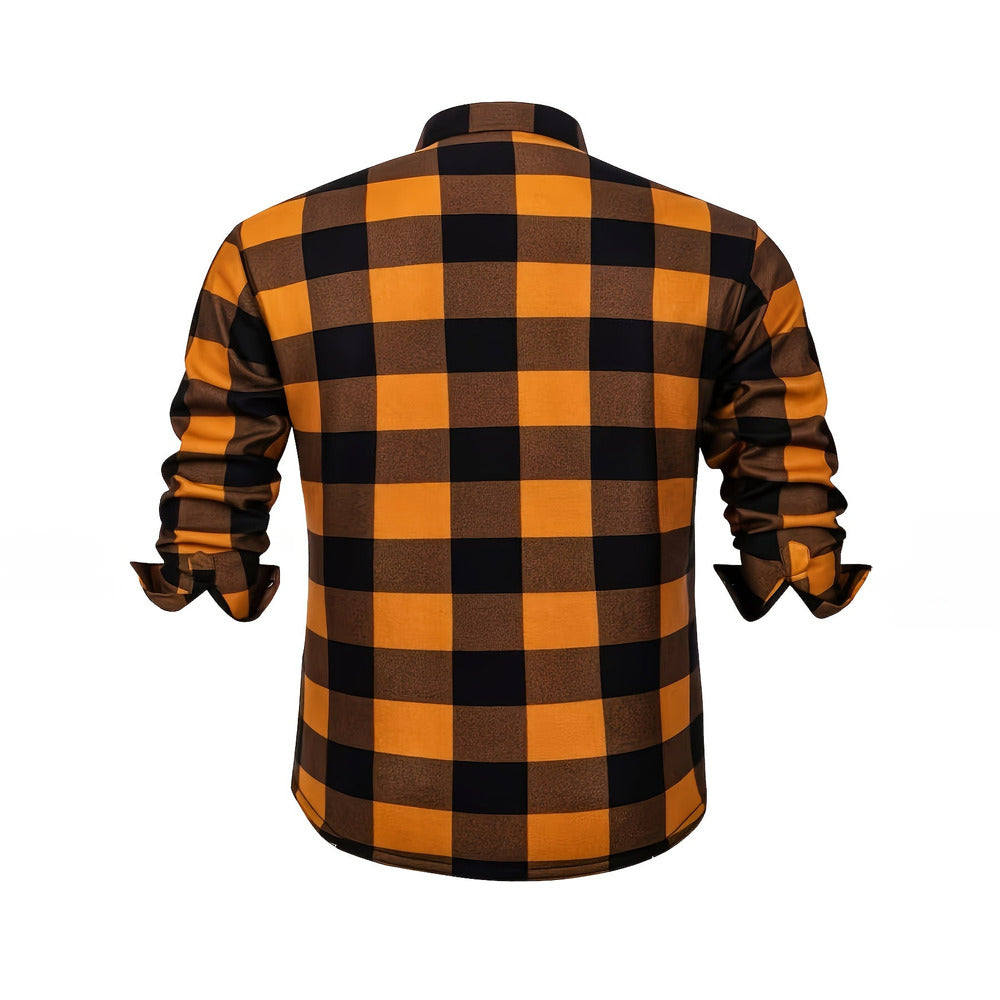 Men's plush-lined check shirt jacket in orange, back view