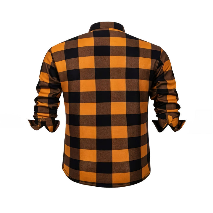 Men's plush-lined check shirt jacket in orange, back view