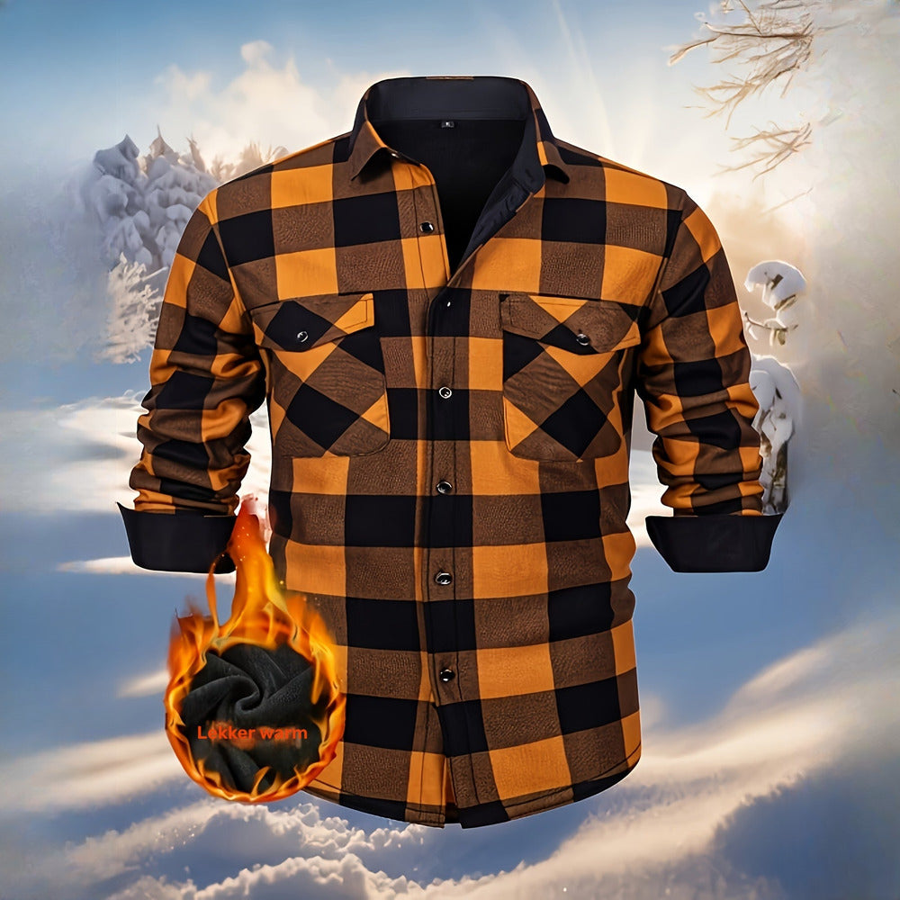 Men's plush-lined check shirt jacket in orange, front view