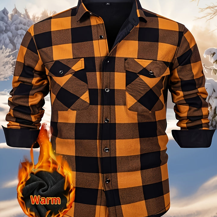 Men's plush-lined check shirt jacket in orange