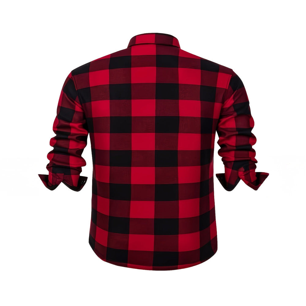 Men's plush-lined check shirt jacket in red, back view