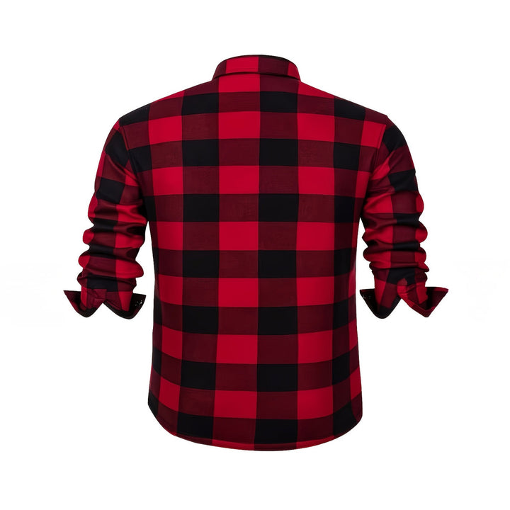 Men's plush-lined check shirt jacket in red, back view