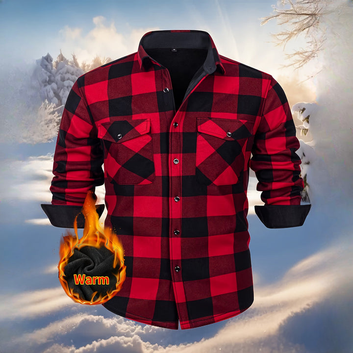 Men's plush-lined check shirt jacket in red, front view