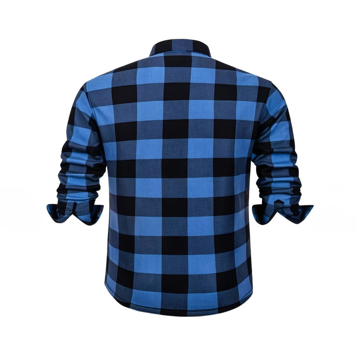 Men's plush-lined check shirt jacket in sky blue, back view