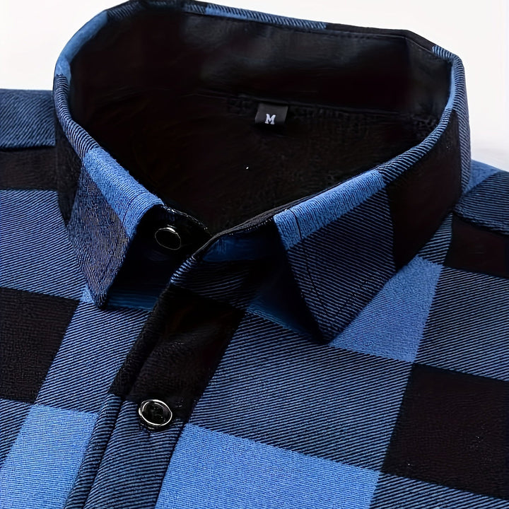Men's plush-lined check shirt jacket in sky blue, collar detail