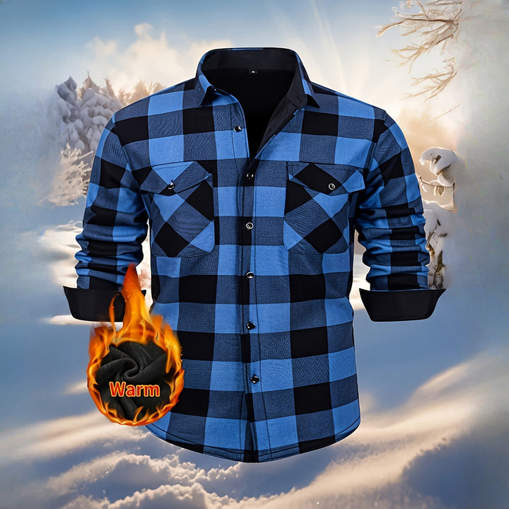 Men's plush-lined check shirt jacket in sky blue, front view