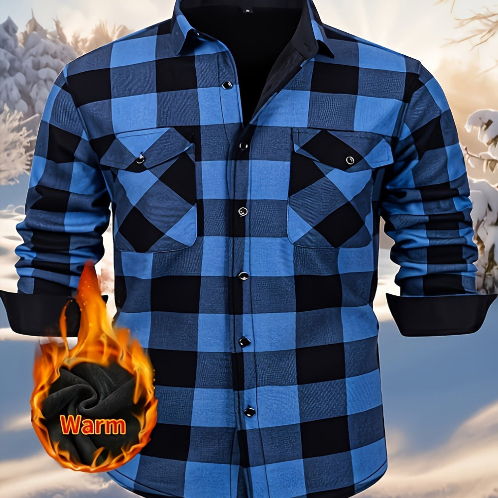 Men's plush-lined check shirt jacket in sky blue