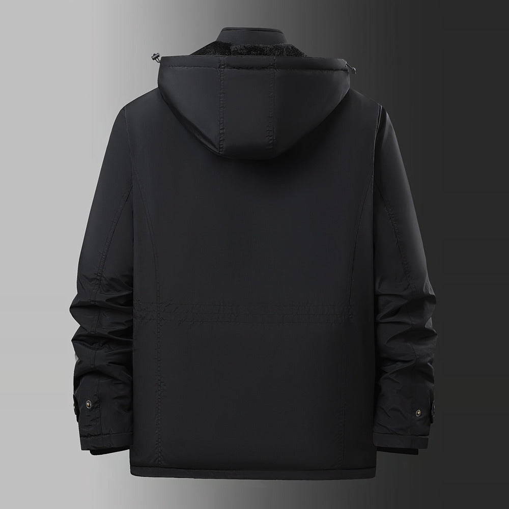 Men's plush-lined hooded winter jacket in black, back view