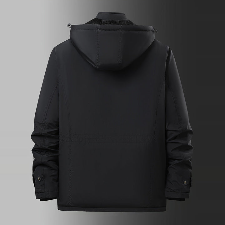 Men's plush-lined hooded winter jacket in black, back view