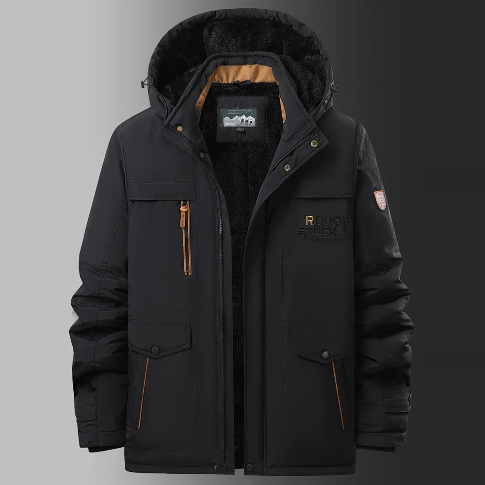Men's plush-lined hooded winter jacket in black, front view