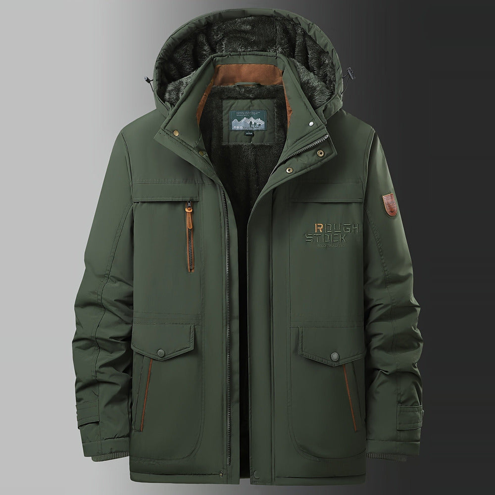 Men's plush-lined hooded winter jacket in fern green, front view