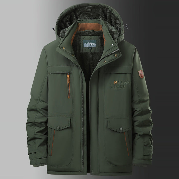 Men's plush-lined hooded winter jacket in fern green, front view