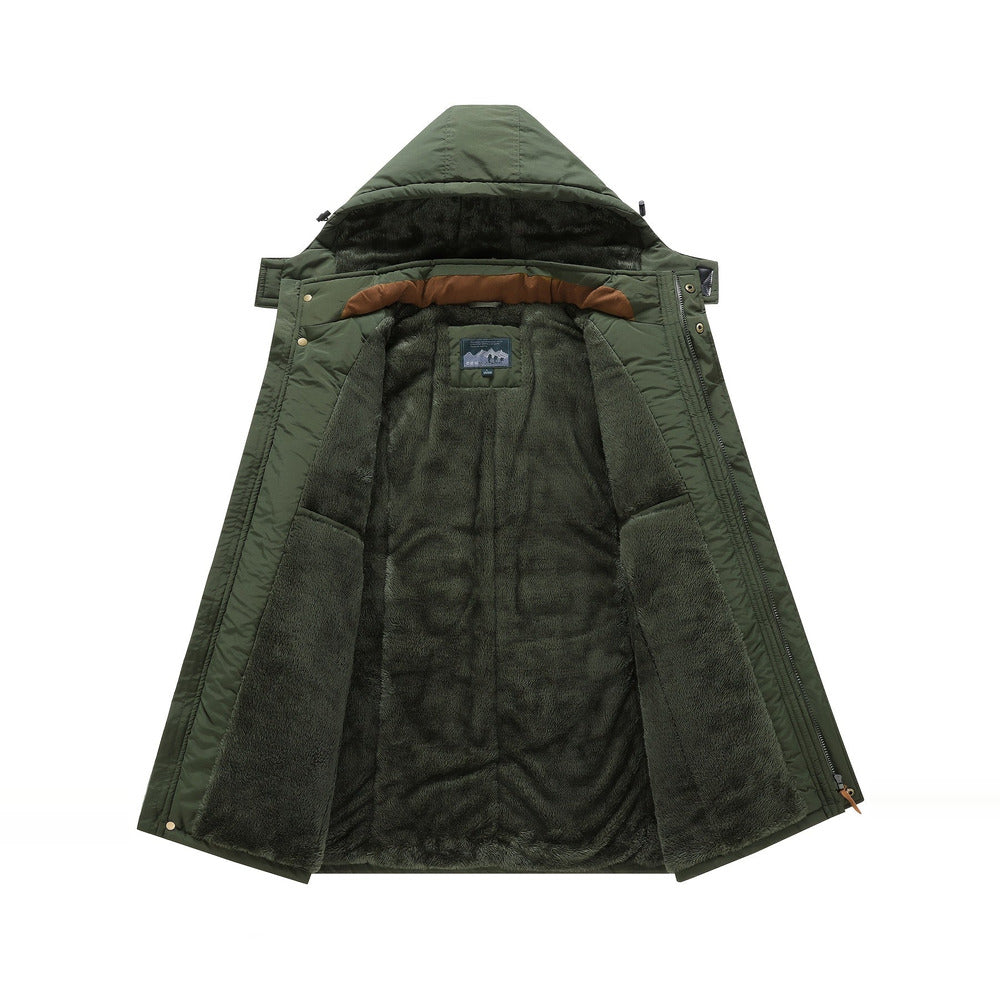 Men's plush-lined hooded winter jacket in fern green, showing the plush lining