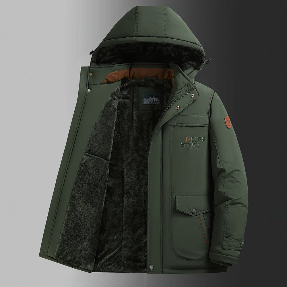 Men's plush-lined hooded winter jacket in fern green, shown open