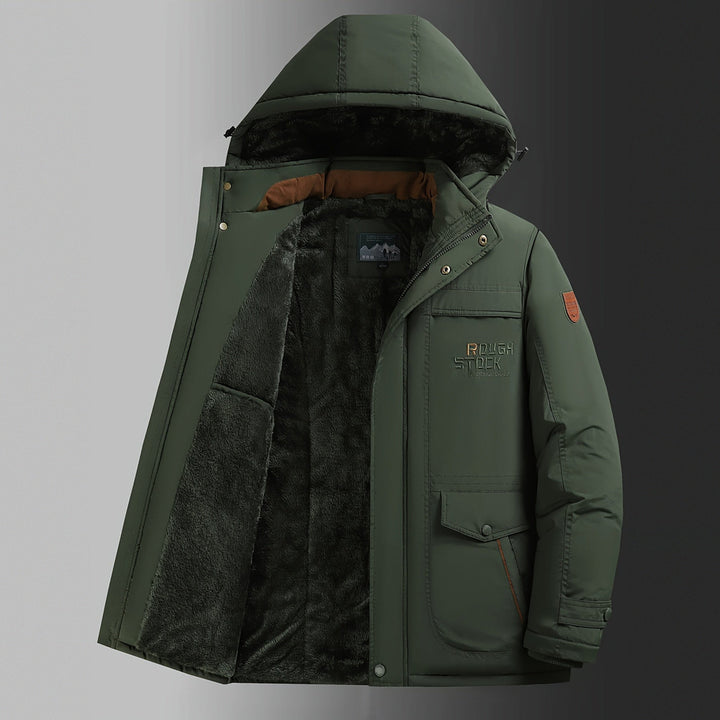 Men's plush-lined hooded winter jacket in fern green, shown open