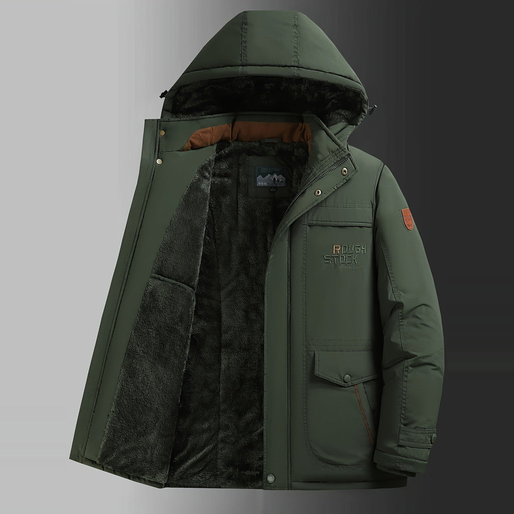 Men's plush-lined hooded winter jacket in fern green, shown open