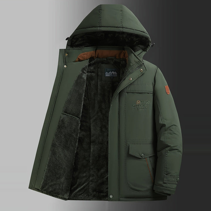 Men's plush-lined hooded winter jacket in fern green, shown open